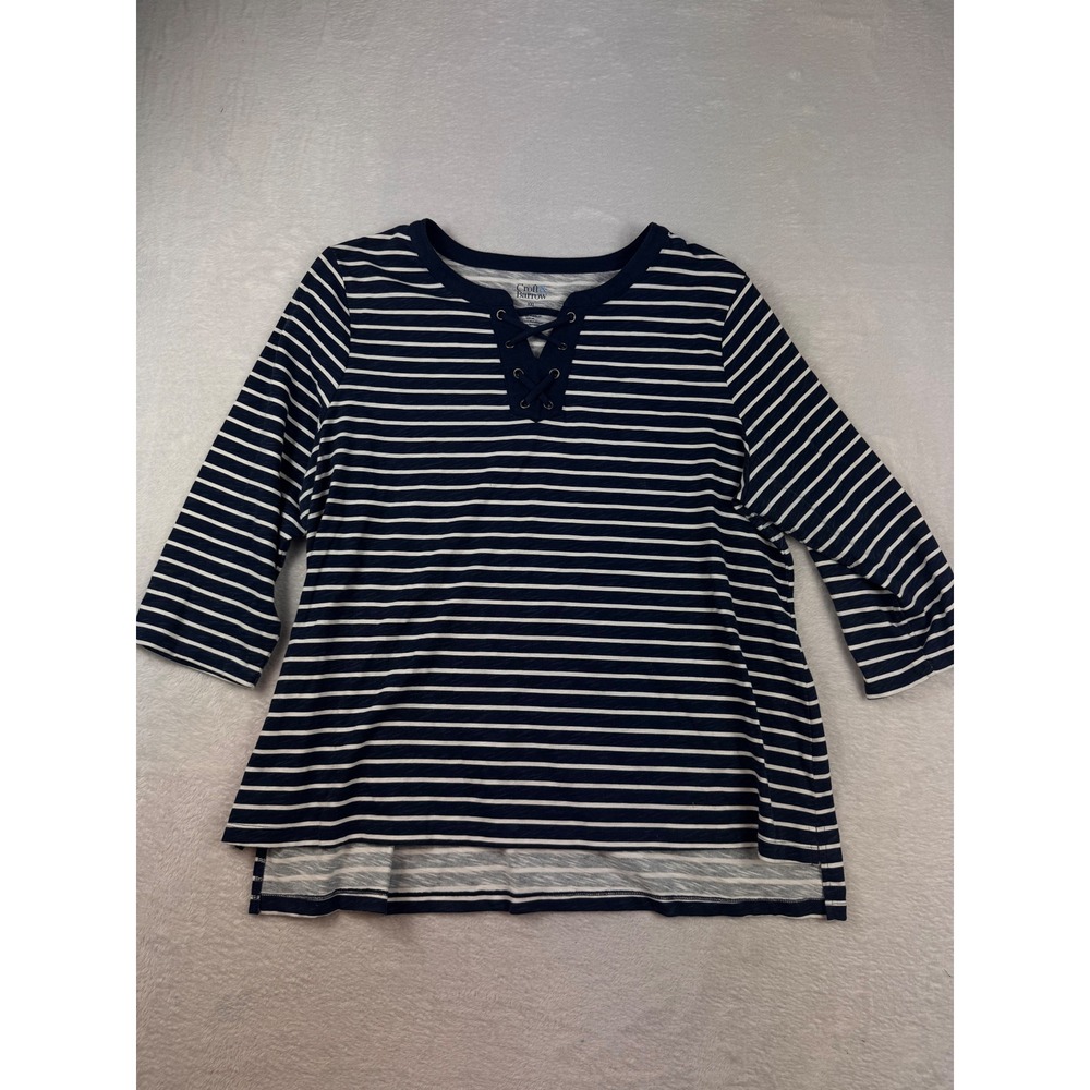 Croft & Barrow Navy White Striped Lace Up Grommet Top XXL 3/4 Sleeve High Low